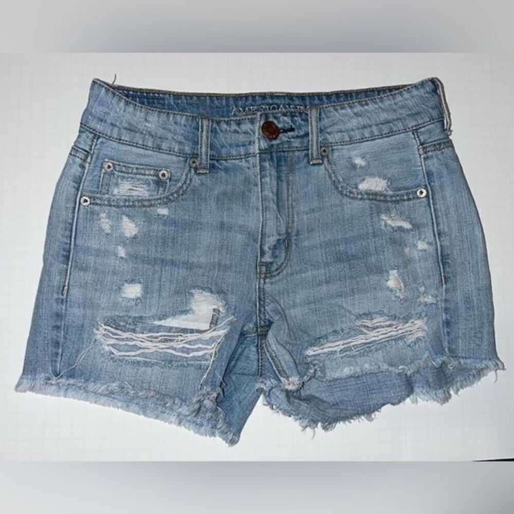 American Eagle TOMGIRL MIDI denim jean shorts distressed destroyed cut-offs SZ 2